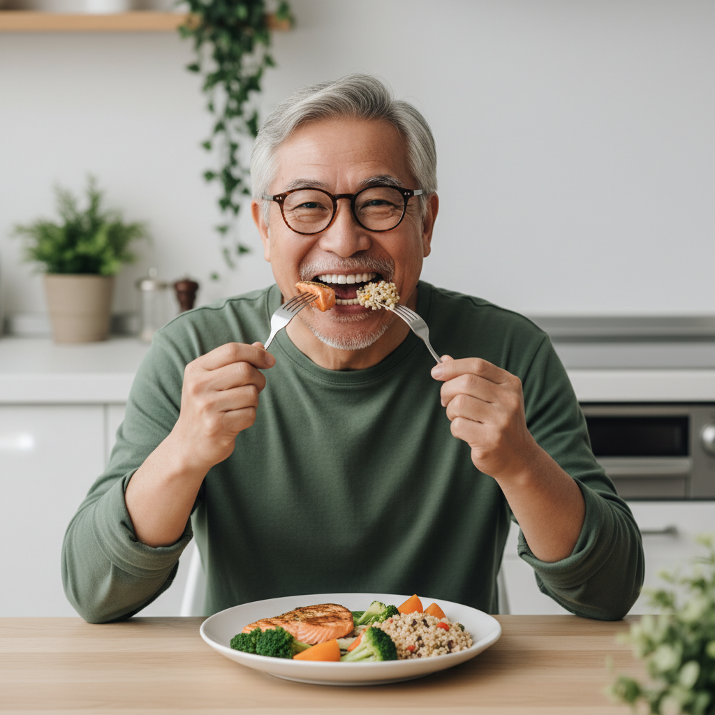 임플란트 시술 받은 노년 남성이 양쪽으로 음식을 씹는 모습