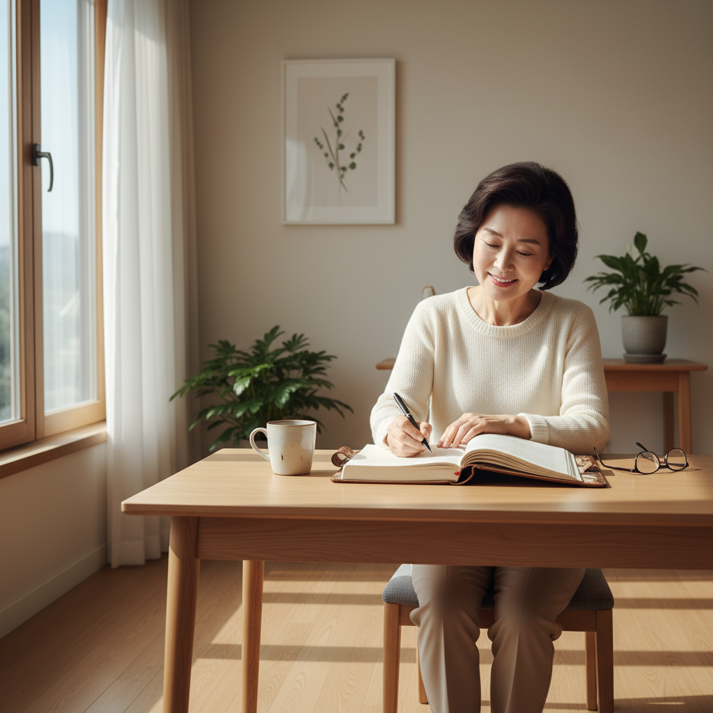 햇살 드는 방에서 노트에 일기를 쓰고 있는 70대 한국인 여성