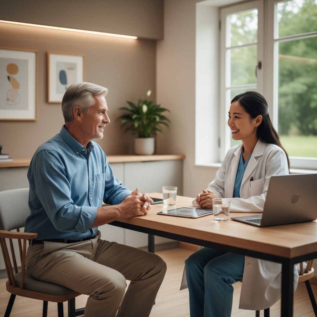 70대 남성이 병원 상담실에서 의사와 대화하는 장면