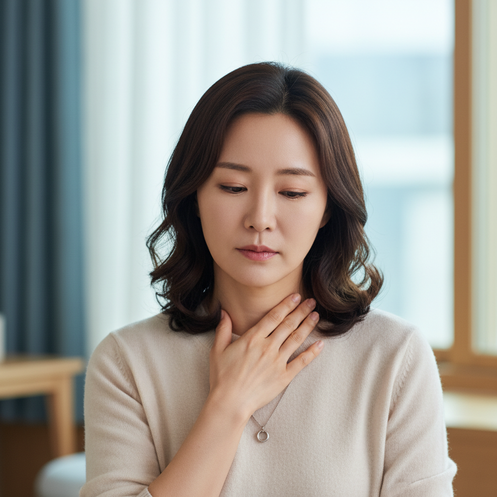 목 앞쪽 갑상선 위치를 손으로 확인하는 30대 한국 여성