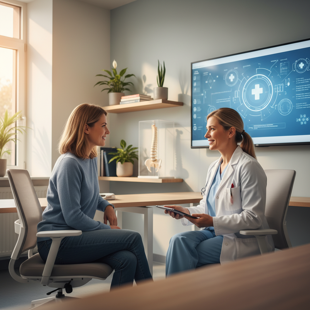 병원에서 의사와 상담 중인 30대 여성의 장면