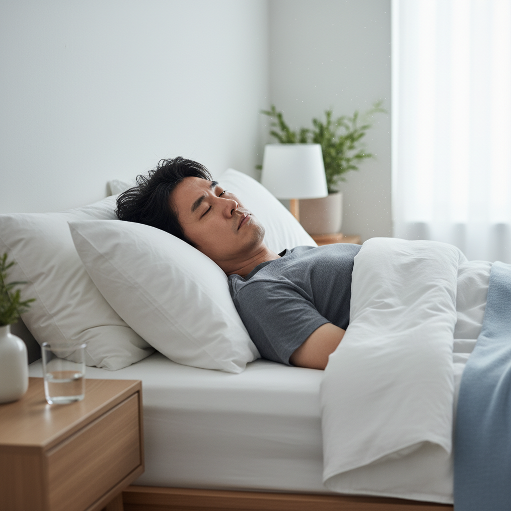 침대에 누워 있지만 피곤한 표정의 40대 한국인 남성