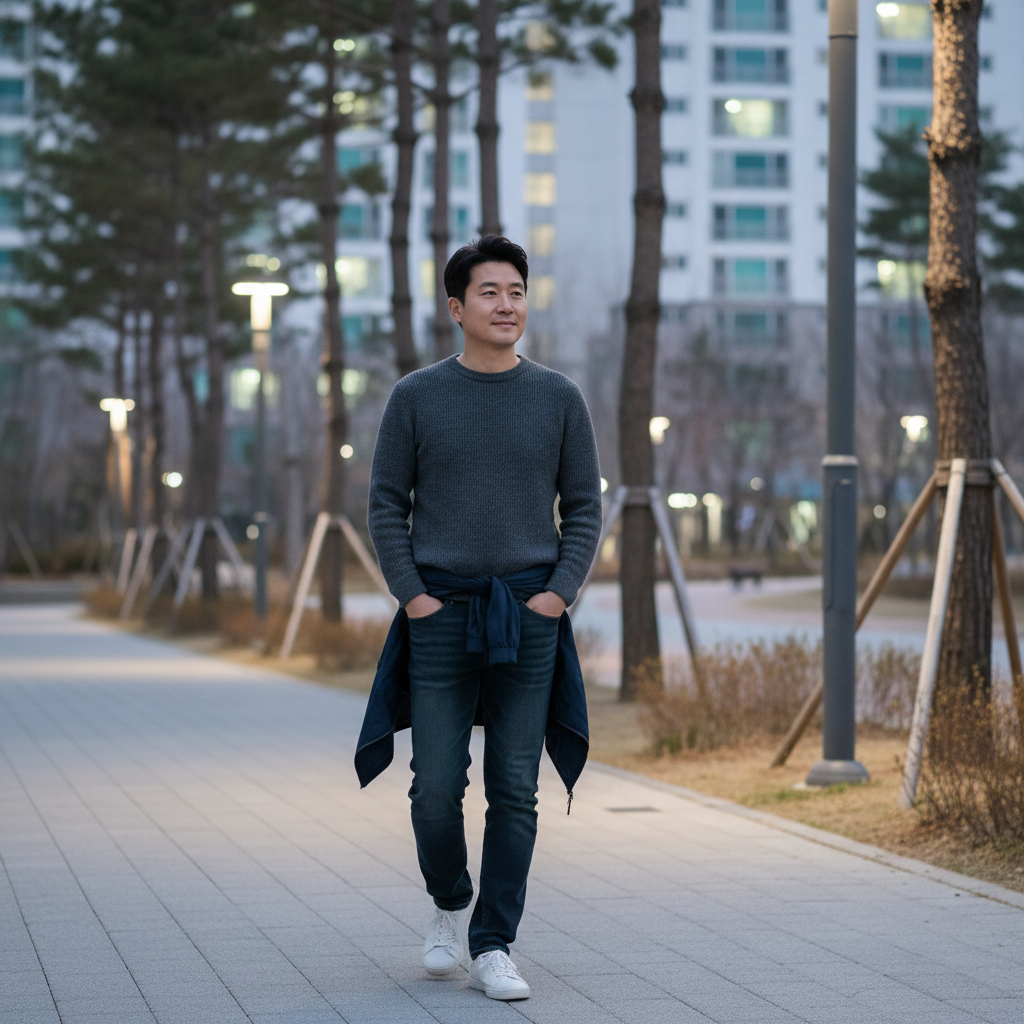 저녁 식사 후 가볍게 걷고 있는 40대 한국인 남성