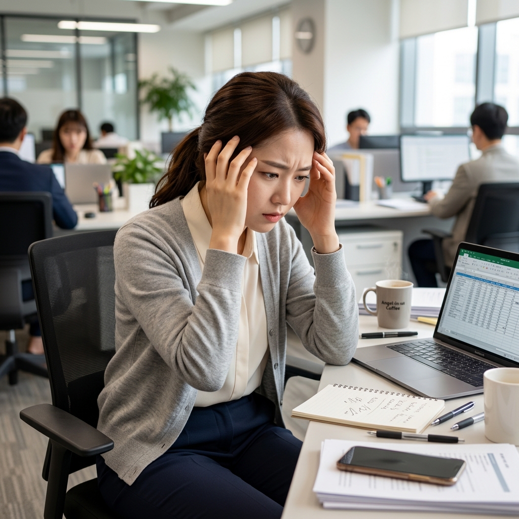 머리를 감싸 쥔 한국인 직장인이 책상 앞에서 집중하지 못하는 모습
