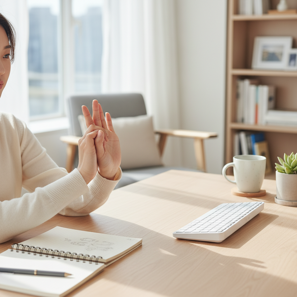 한국인 여성이 책상에서 손가락 스트레칭을 하는 모습