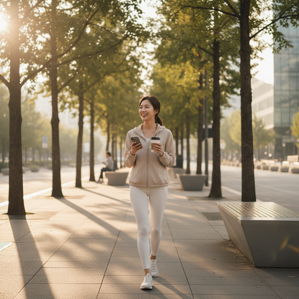 아침 산책 중 햇볕을 받으며 걷는 한국인 여성