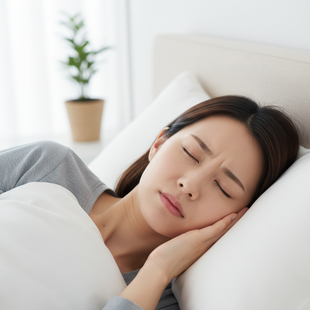 수면 중 턱 근육 긴장으로 인한 턱 통증을 느끼는 여성의 모습