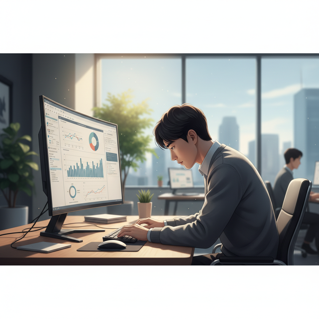 컴퓨터 앞에서 목과 어깨를 앞으로 내민 자세로 일하는 한국인 직장인