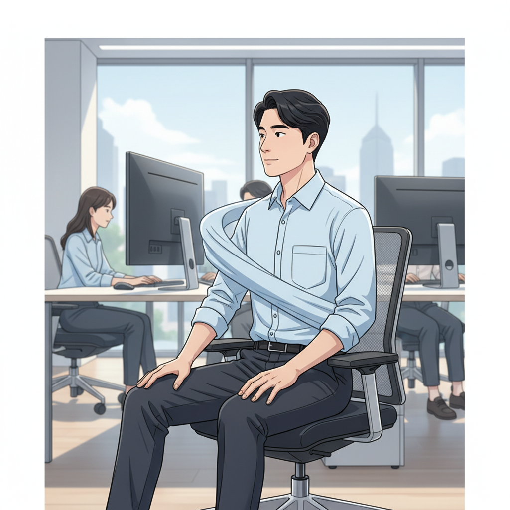 의자에 앉아 상체를 좌우로 천천히 회전하는 한국인 직장인