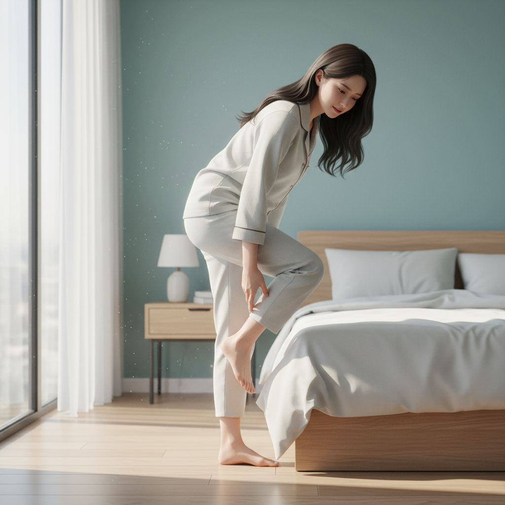 아침에 침대에서 일어나 첫발을 디디며 뒤꿈치를 만지는 한국인 여성의 모습