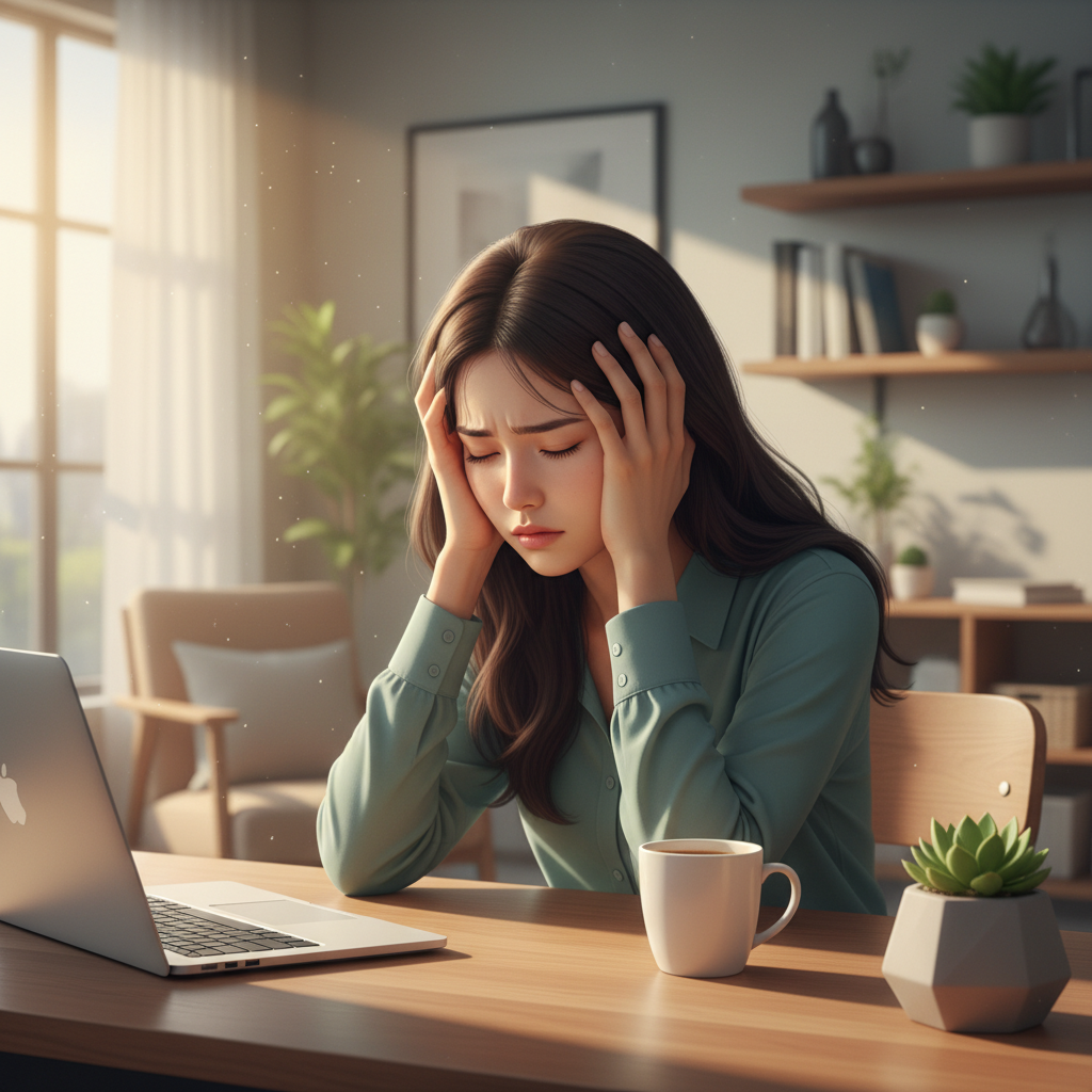 오후 시간 책상 앞에서 피곤한 표정으로 머리를 감싸 쥔 한국인 여성