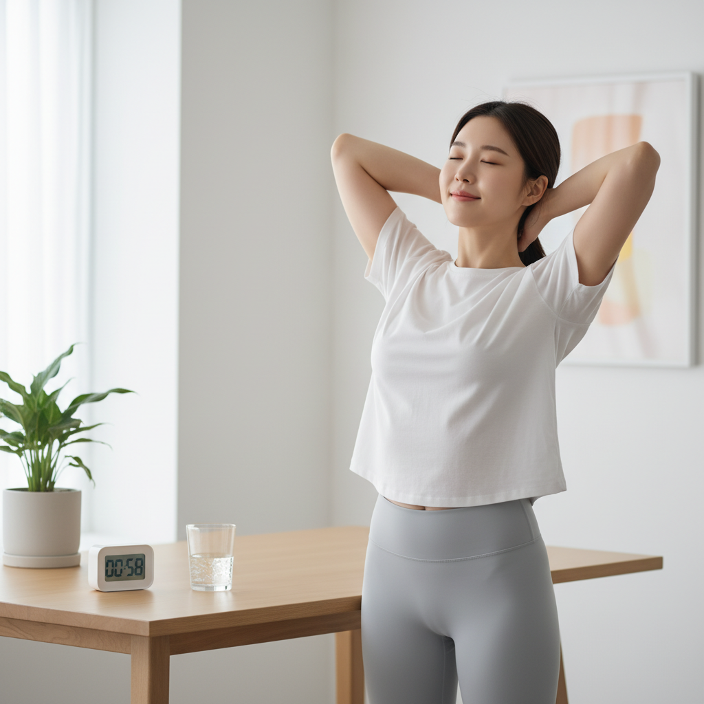 책상 위에 물잔과 타이머를 놓고 가벼운 스트레칭을 하는 한국인 여성
