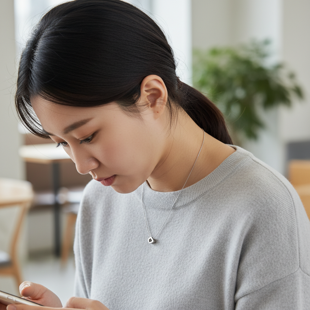 스마트폰을 내려다보며 고개를 숙인 한국인 여성의 목 부분 클로즈업