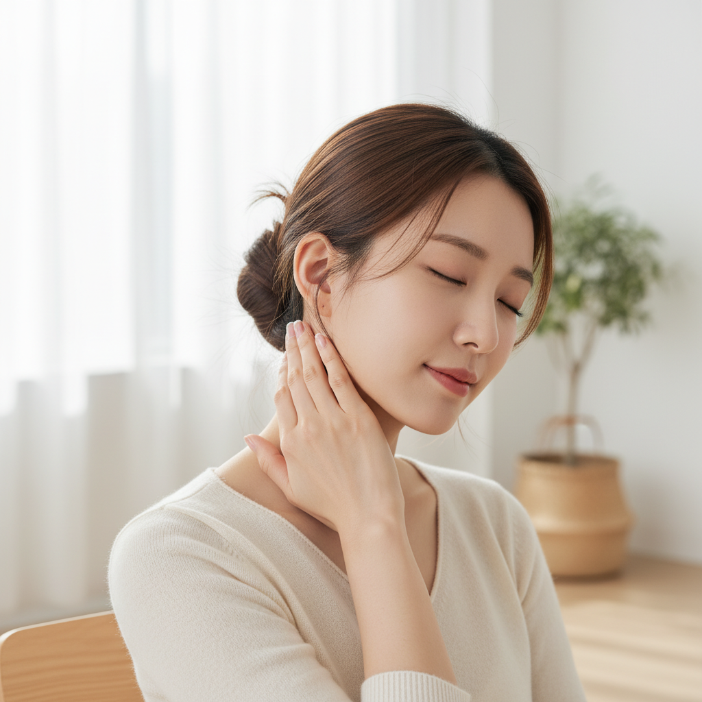 목 림프 마사지를 하는 한국인 여성, 손가락으로 귀 뒤에서 쇄골 방향으로 쓸어내리는 장면