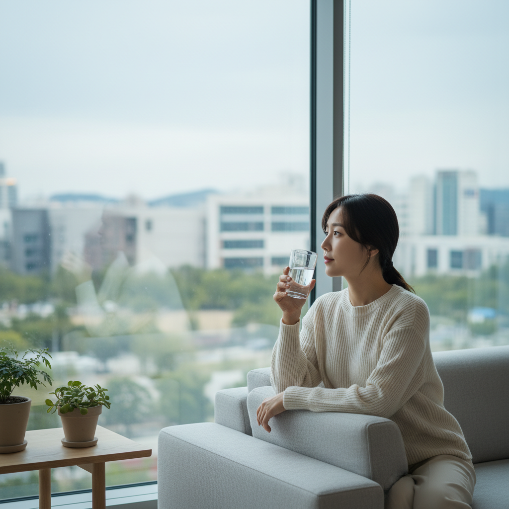 물 한 잔을 마시며 창밖을 바라보는 한국인의 차분한 모습
