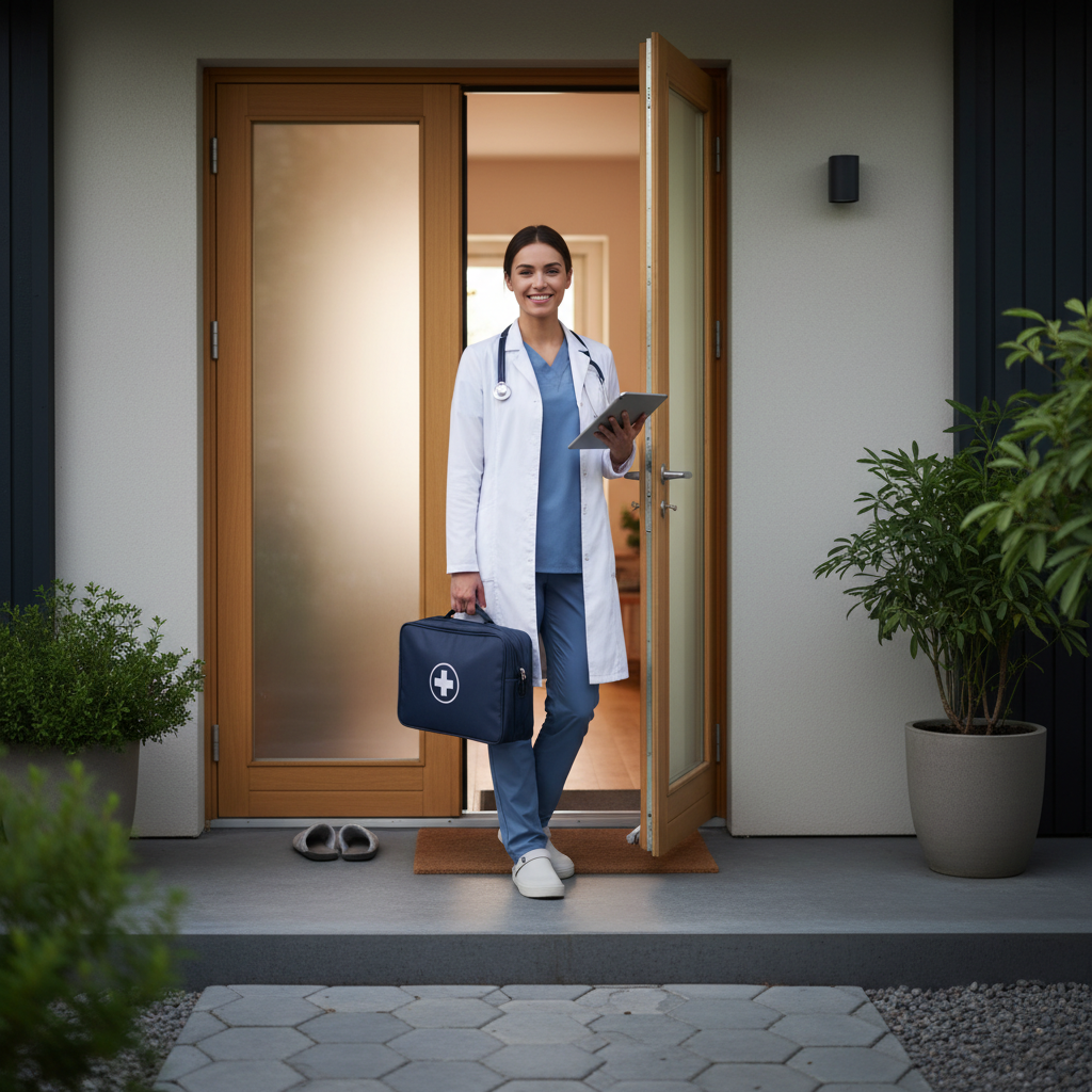 의사가 방문 가방을 들고 어르신 댁 현관 앞에 서 있는 모습