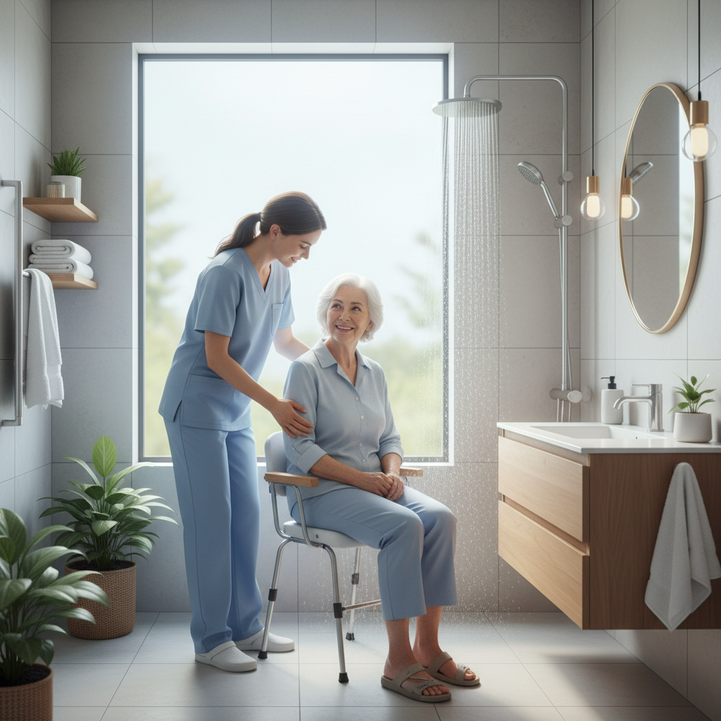 요양보호사가 어르신의 목욕을 돕는 가정 내 장면