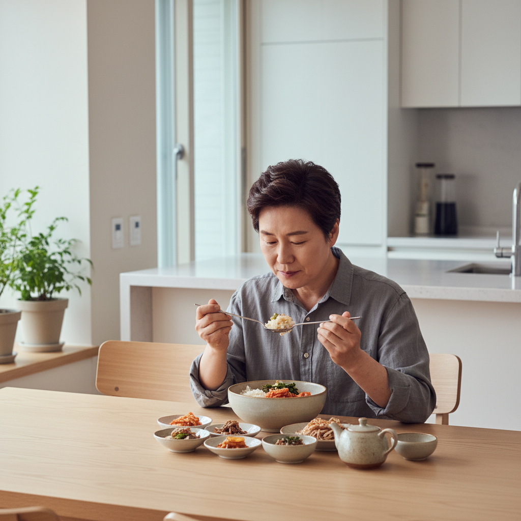 식탁에서 천천히 음식을 씹으며 식사하는 50대 한국인의 모습