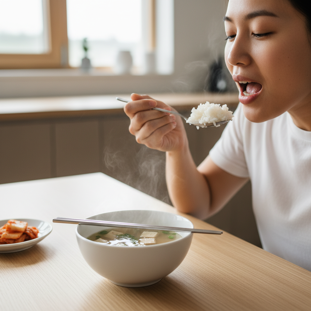 숟가락에 담긴 밥을 천천히 씹는 장면과 국그릇이 따로 놓인 식탁