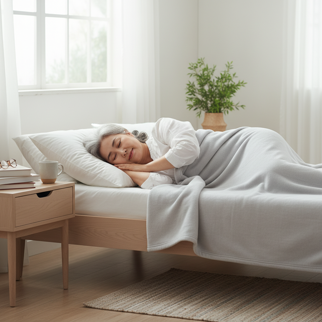 조용한 방에서 침대에 누워 낮잠을 자고 있는 한국인 실버 세대