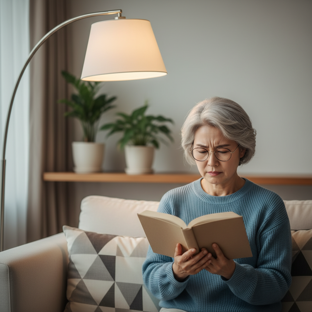 실내 조명 아래에서 책을 읽으며 눈을 찡그리는 60대 한국인 여성의 모습