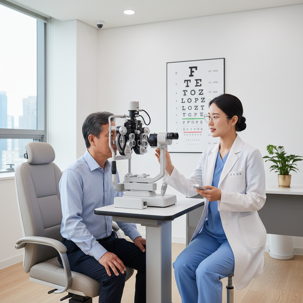 안과에서 시력 검사를 받고 있는 70대 한국인 남성의 모습