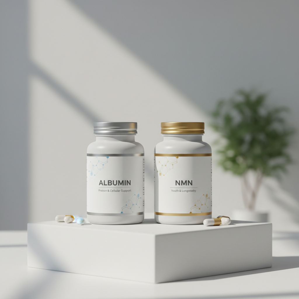 알부민과 NMN 영양제 제품이 나란히 놓여 있는 모습