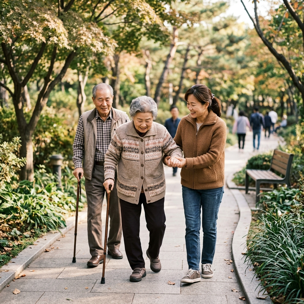 고령 부모님이 천천히 걷는 모습, 보호자가 손을 잡아주는 장면
