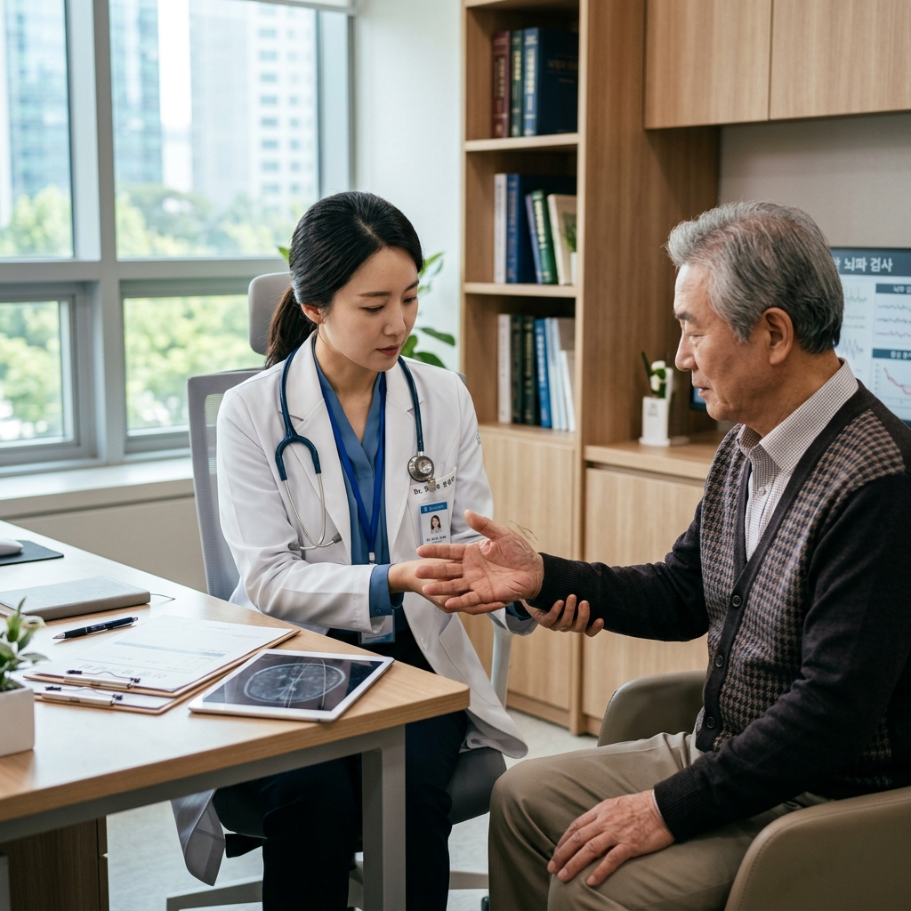 신경과 전문의가 노인 환자의 손 떨림을 확인하는 진료 장면