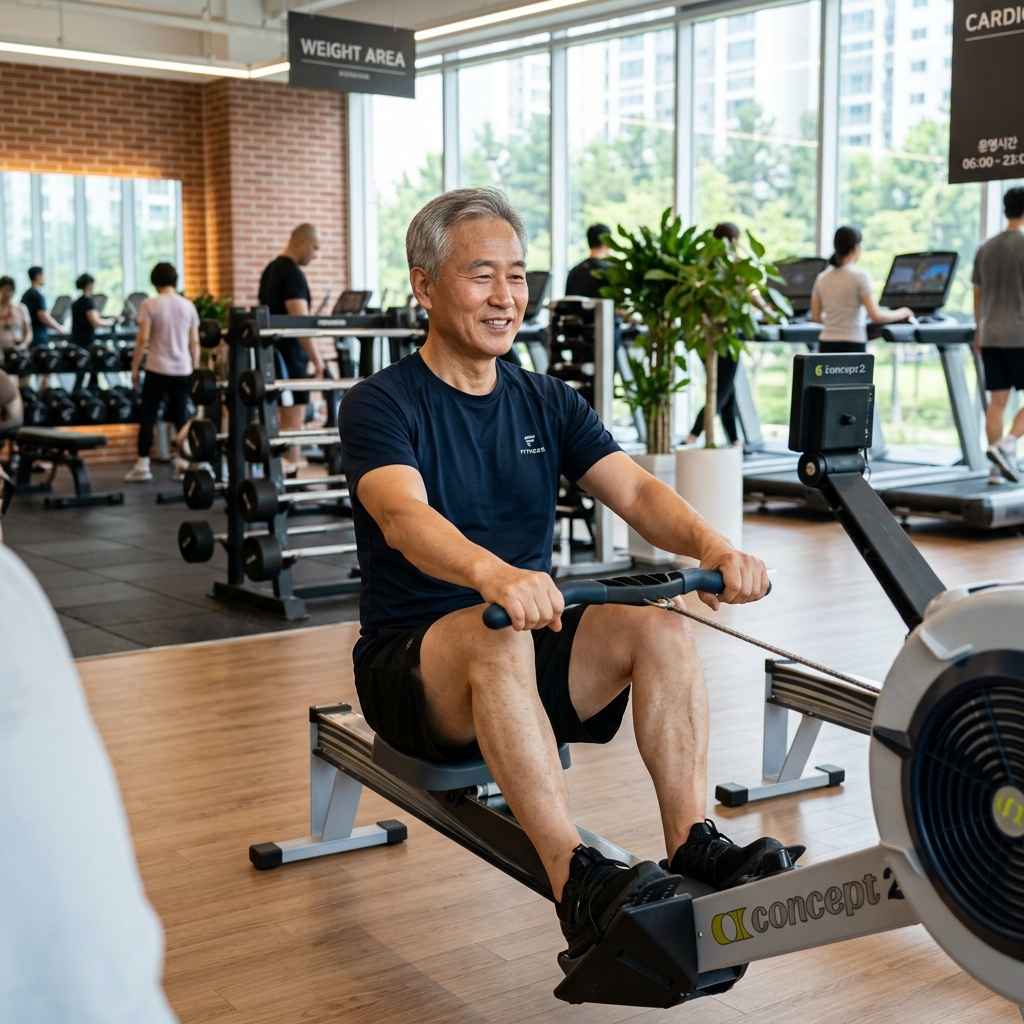헬스장에서 운동하는 60대 한국인 남성