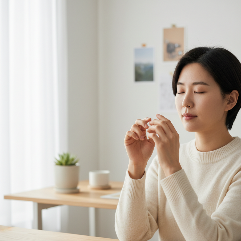 손끝을 만지며 감각을 체크하는 한국인의 모습