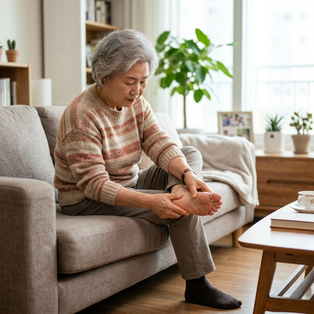 손발을 주무르며 저림 증상을 확인하는 실버세대 한국인의 모습