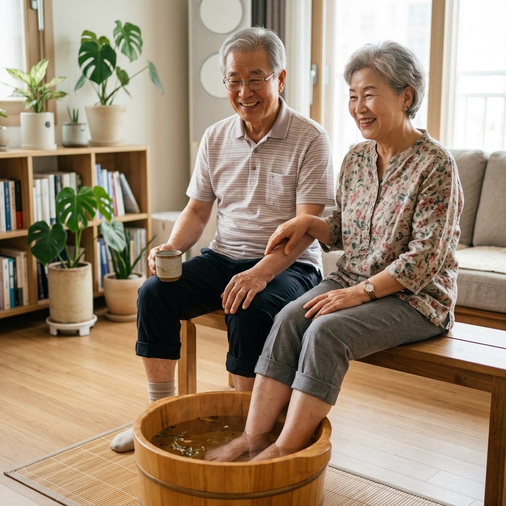 따뜻한 물에 발을 담그고 족욕을 하는 실버세대 한국인의 모습