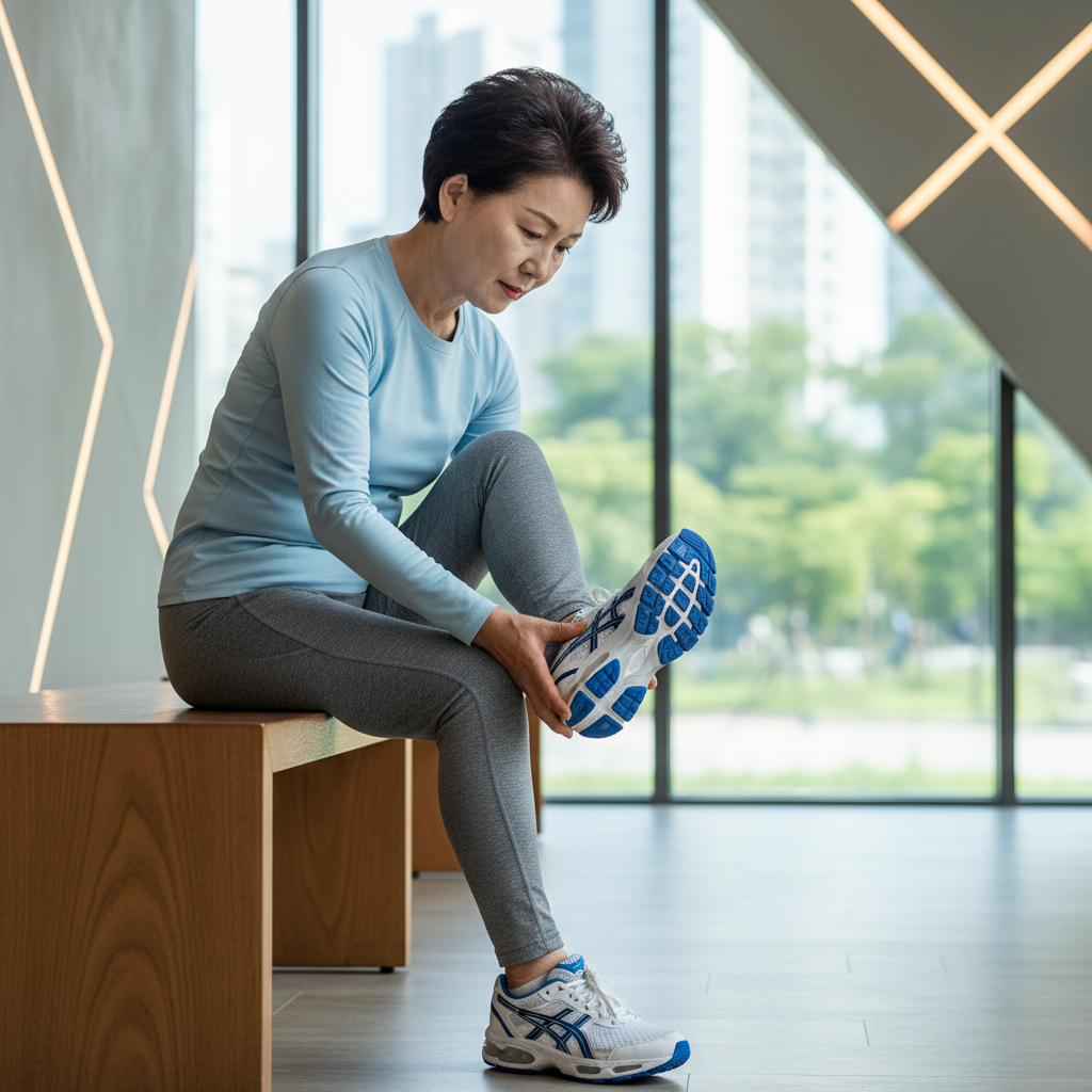 쿠션 있는 운동화를 신고 발바닥을 확인하는 60대 한국인 시니어