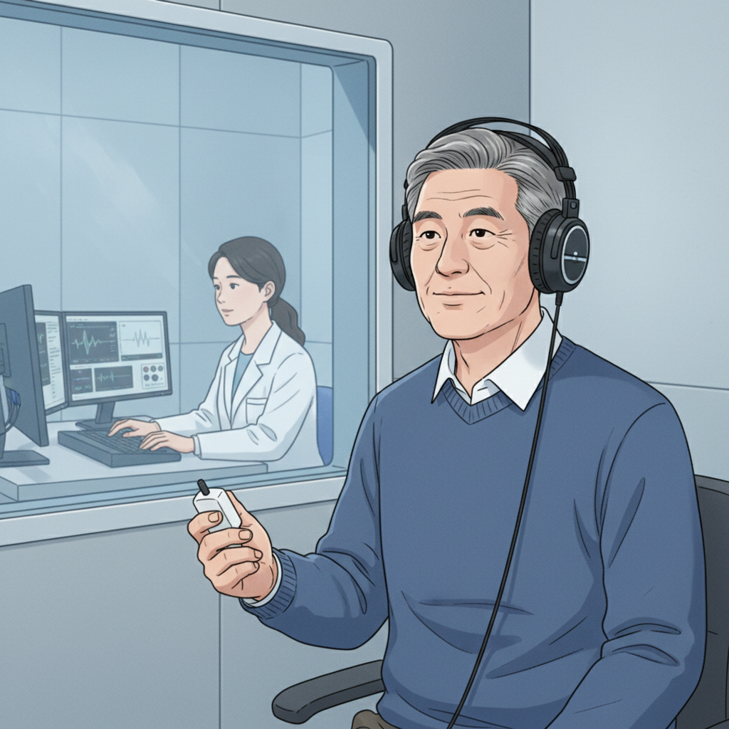 청력 검사를 받고 있는 60대 한국인 남성의 모습