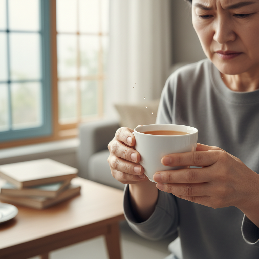 손떨림으로 컵을 들고 있는 중년 한국인의 모습