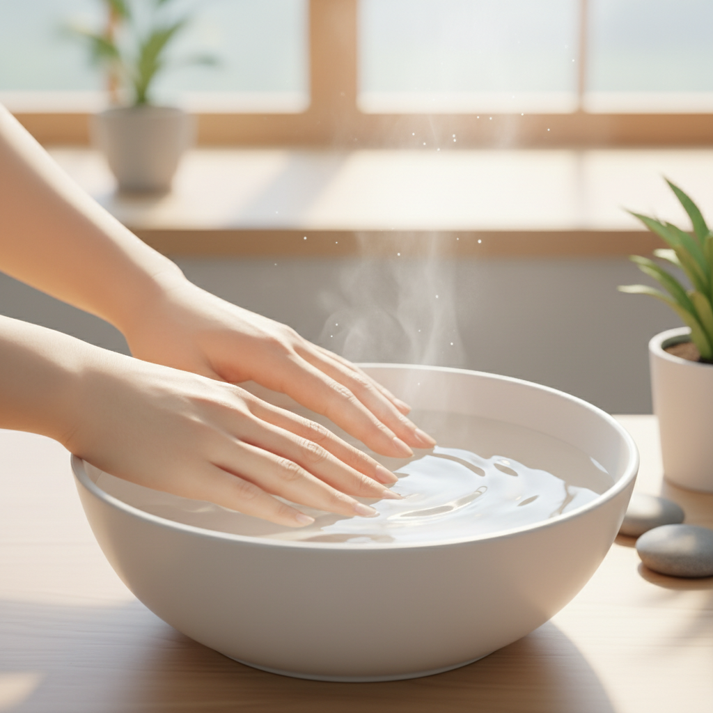 따뜻한 물에 손을 담그고 있는 중년 한국인의 손