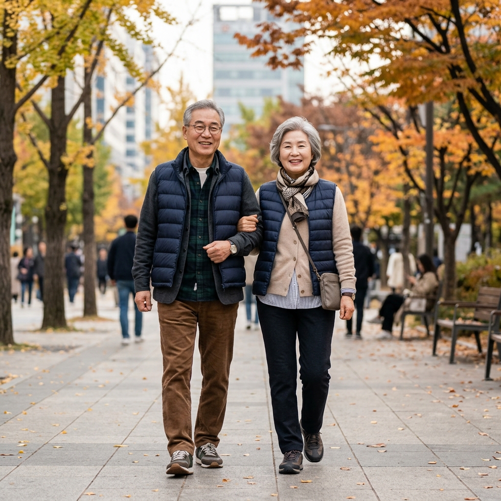 얇은 옷을 여러 겹 겹쳐 입은 실버 세대의 모습