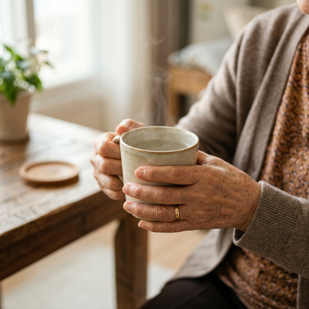 따뜻한 물을 마시는 실버 세대의 손과 컵