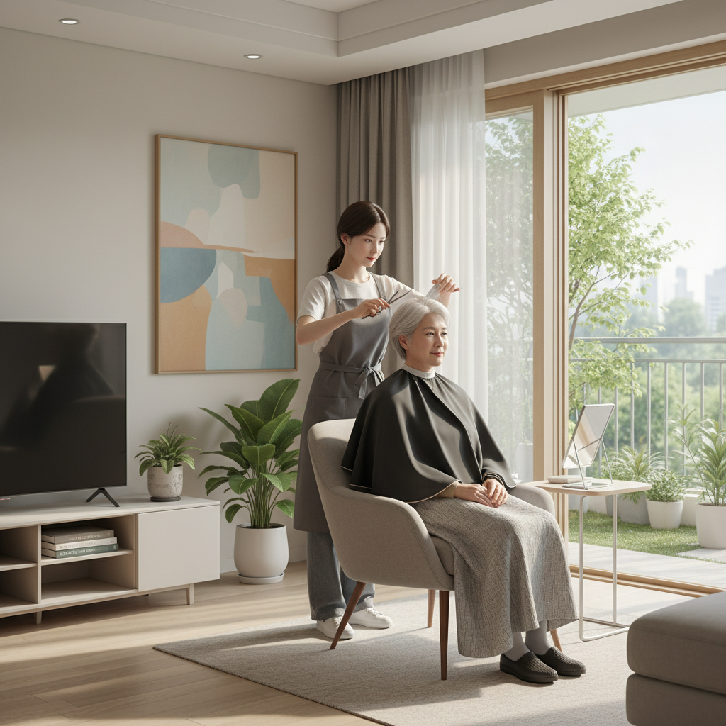 집 거실에서 한국인 실버가 편안히 앉아 미용사에게 헤어컷을 받는 장면
