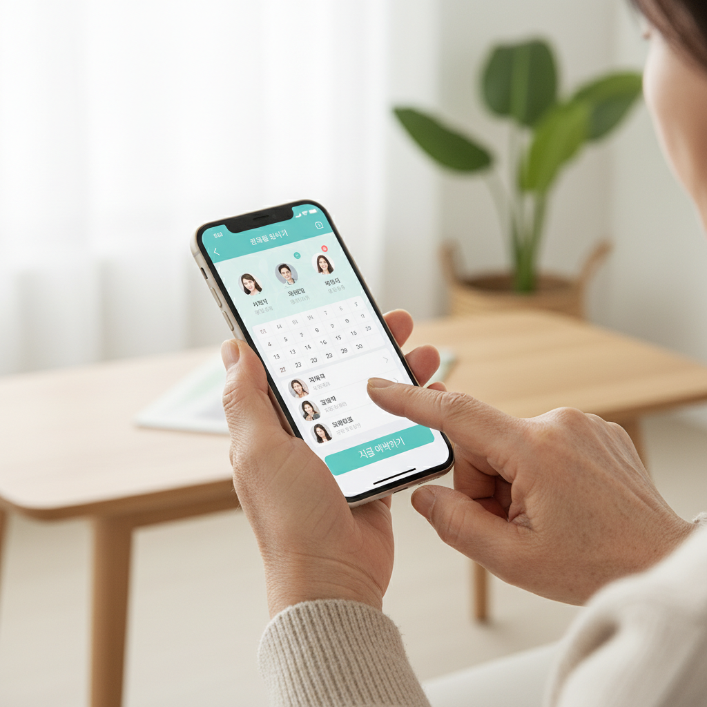 스마트폰으로 방문 미용 서비스 예약 화면을 보는 한국인 실버의 손