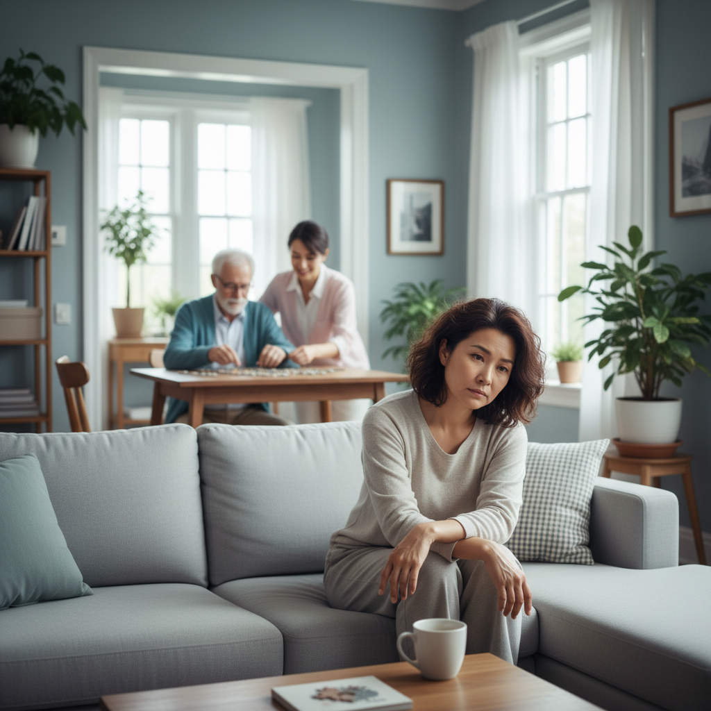 거실 소파에 지친 표정으로 앉아 있는 중년 여성, 배경에 치매 환자를 돌보는 모습
