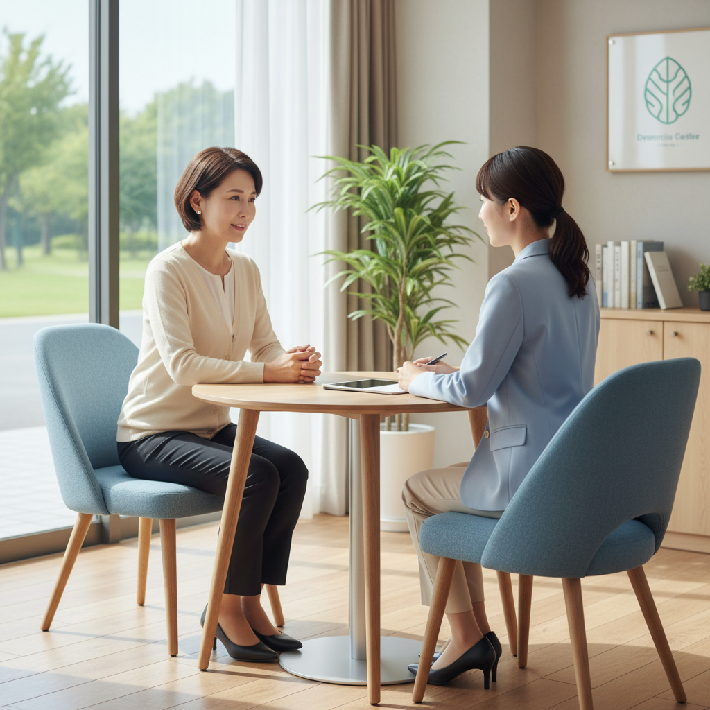 치매안심센터 상담실에서 상담사와 대화하는 보호자의 모습