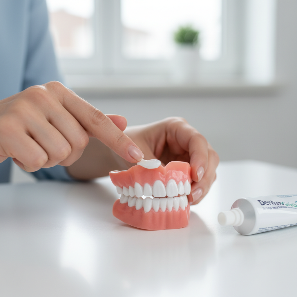 틀니 부착재를 손가락으로 도포하는 모습