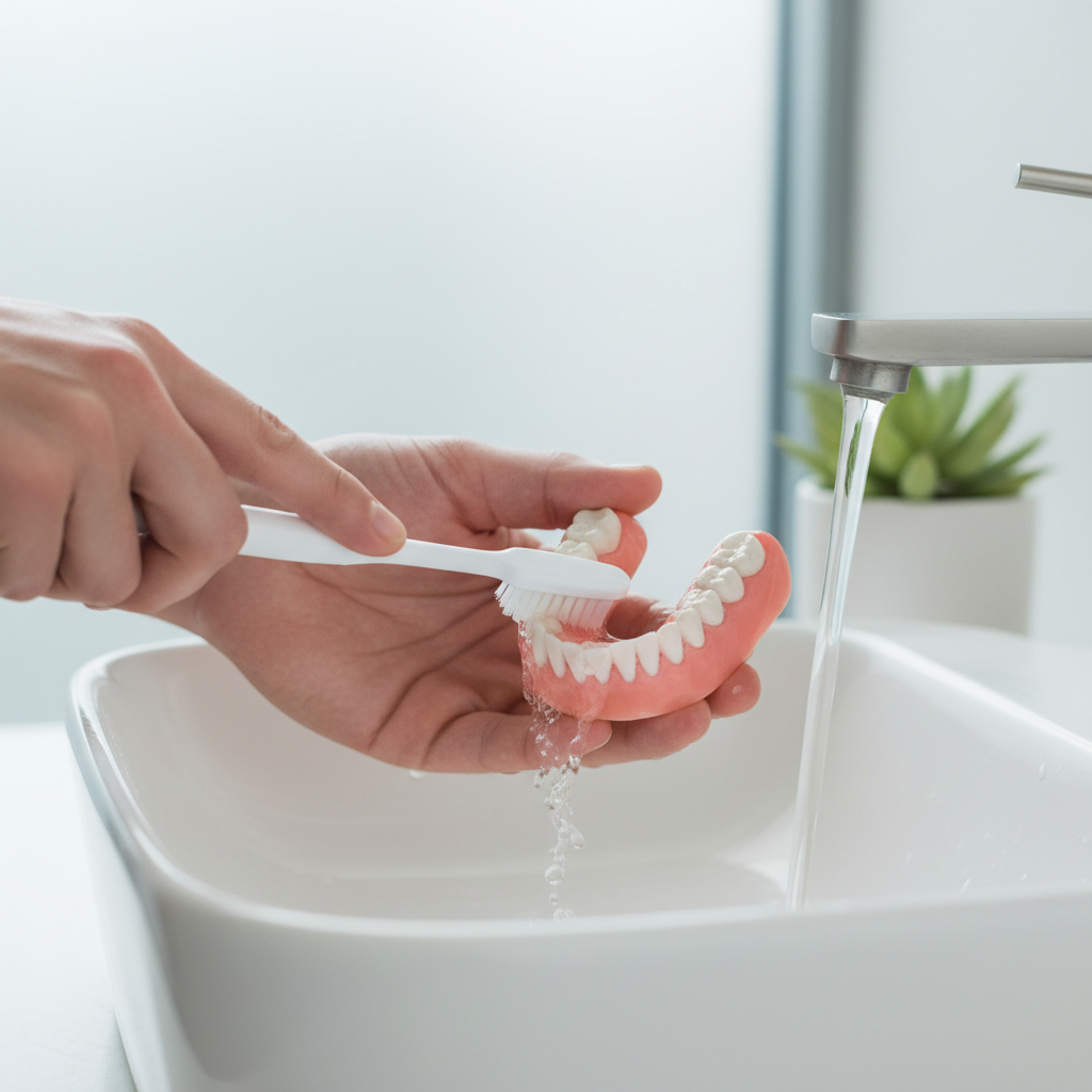 틀니 세척 중 칫솔로 부착재를 제거하는 장면