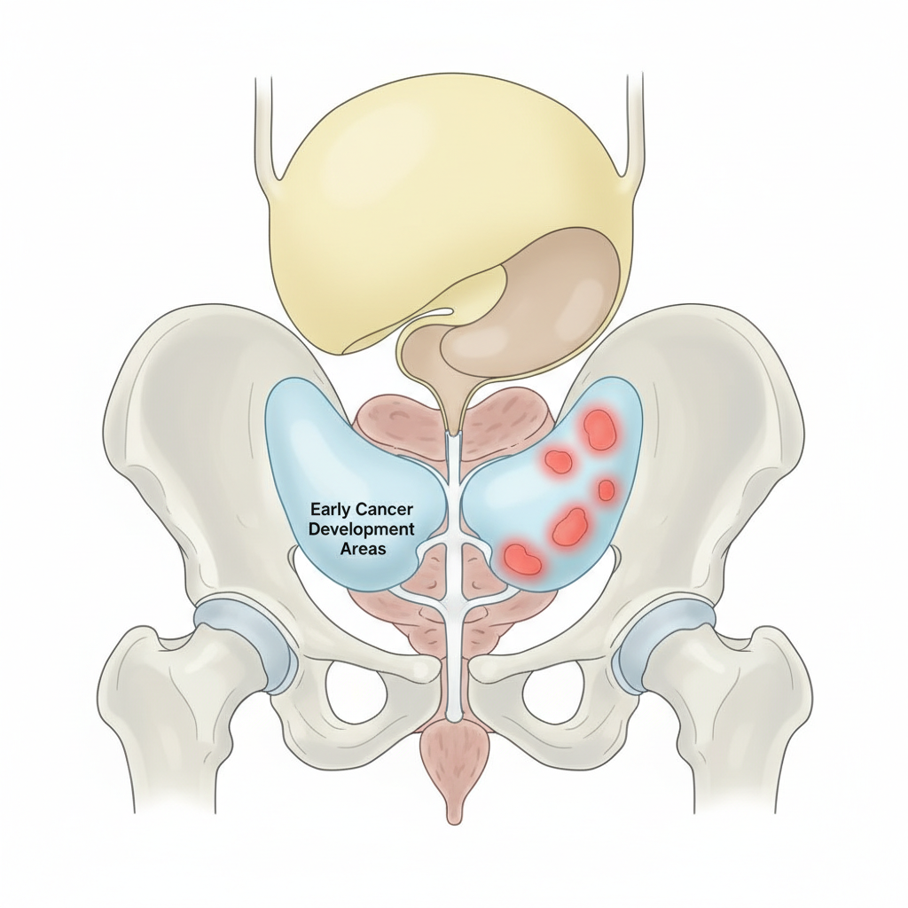 전립선 위치와 초기 암 발생 부위를 보여주는 의학 다이어그램