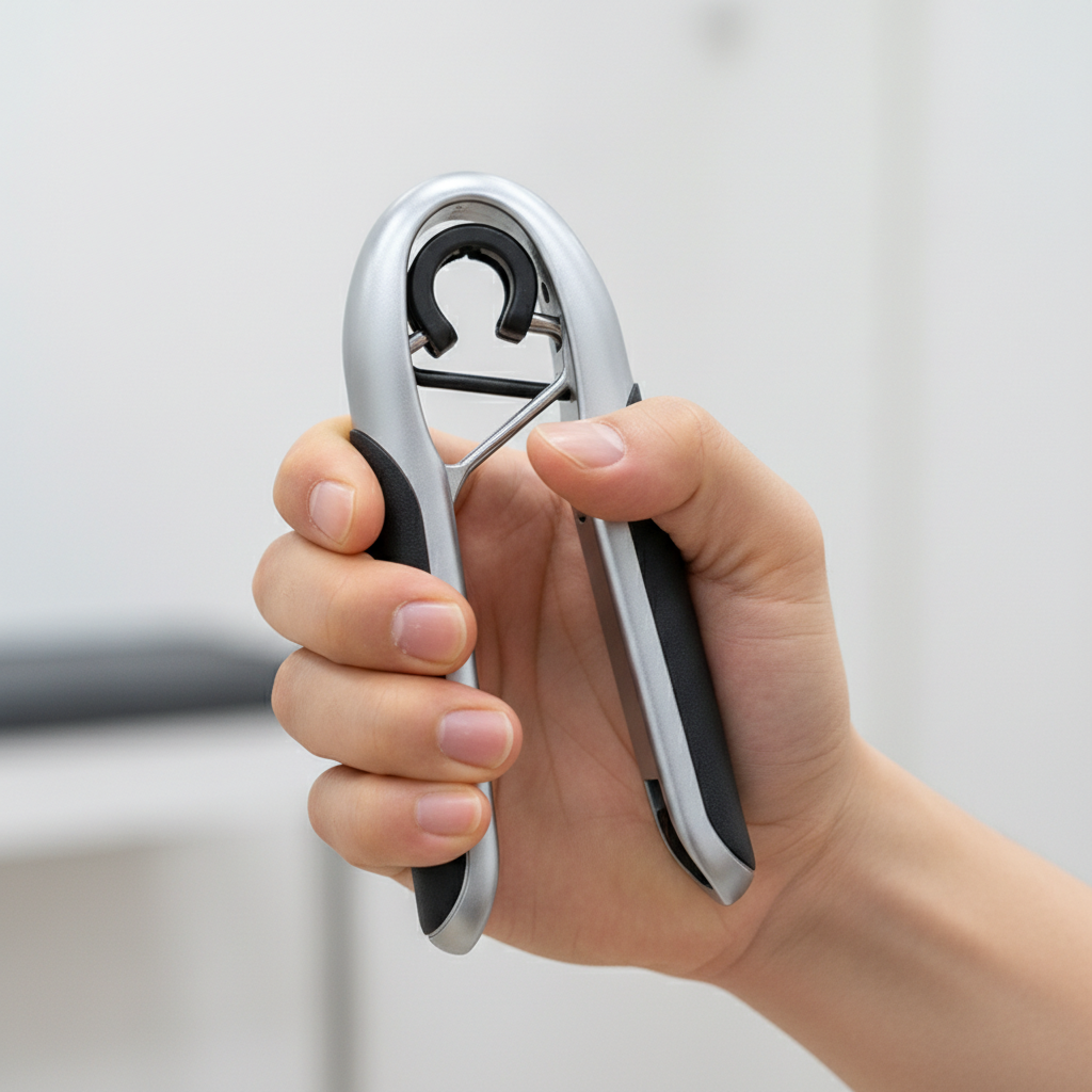 손가락 재활 훈련을 위해 악력기를 쥐고 있는 한국인의 손 클로즈업