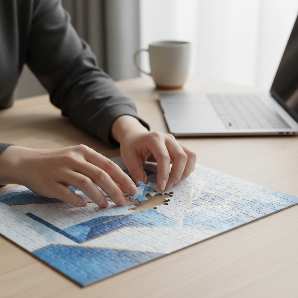 퍼즐 조각을 집어 맞추고 있는 한국인의 손 모습