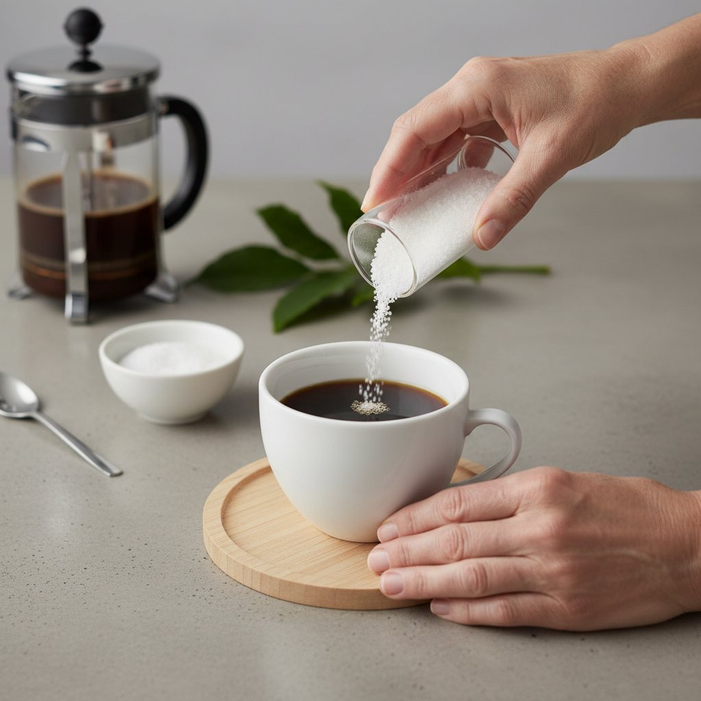 커피에 알룰로스를 넣는 시니어의 손