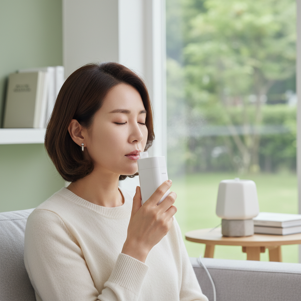 조용한 메쉬 흡입기를 사용하는 한국인 중년 여성의 모습